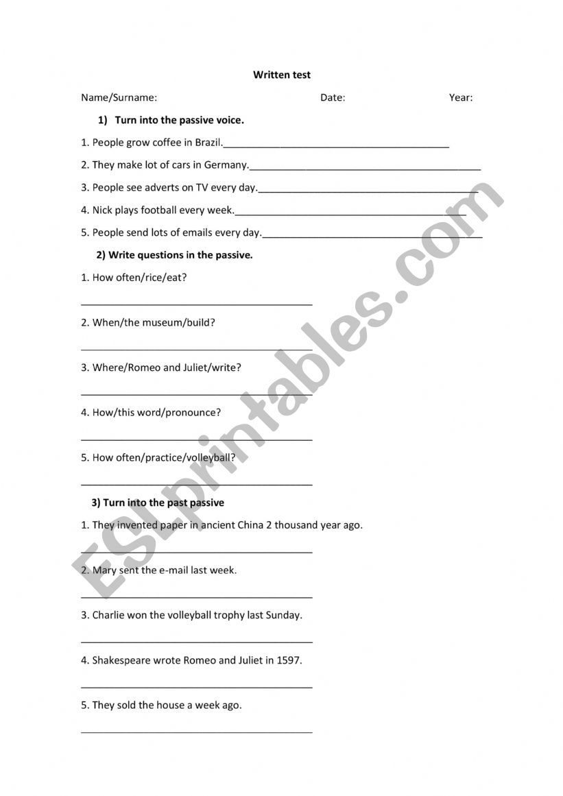 Passive voice test worksheet