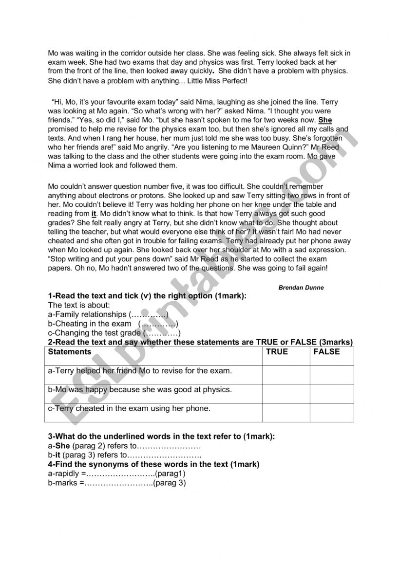 9th form reading text worksheet
