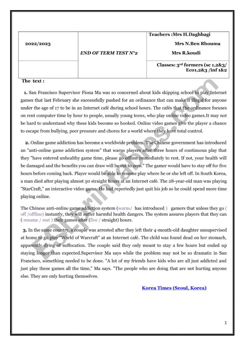 Full term test 2,3rd  form  worksheet