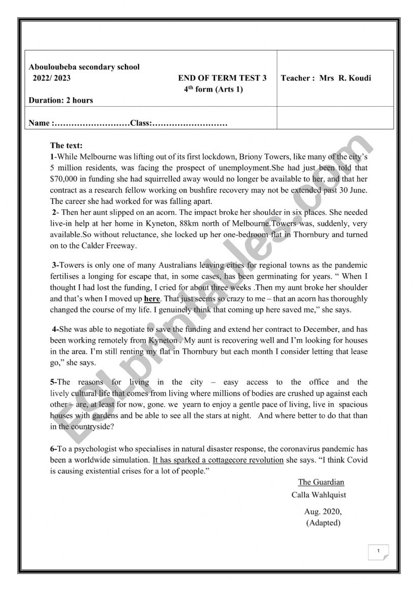 Full term test 3, 4th  form ARTS