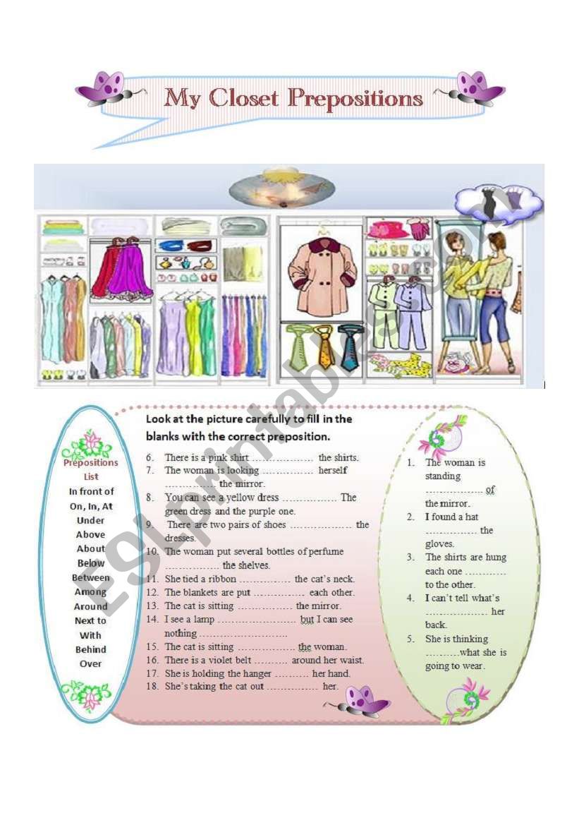 My closet prepositions worksheet