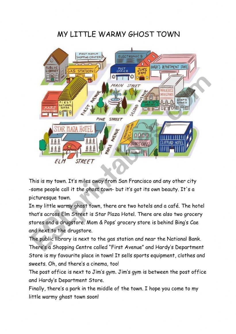 Places in town - prepositions of place reading comprehension
