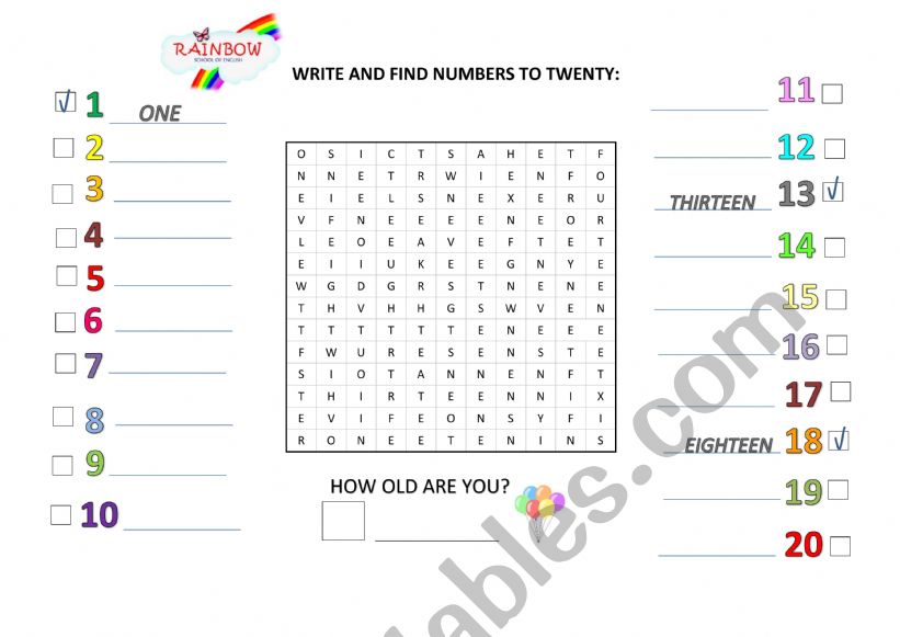 NUMBERS TO TWENTY worksheet