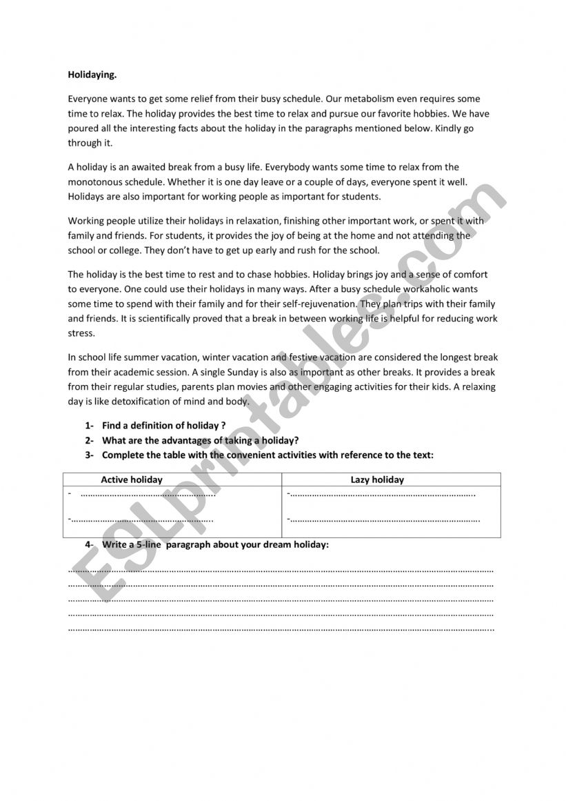 holidaying worksheet