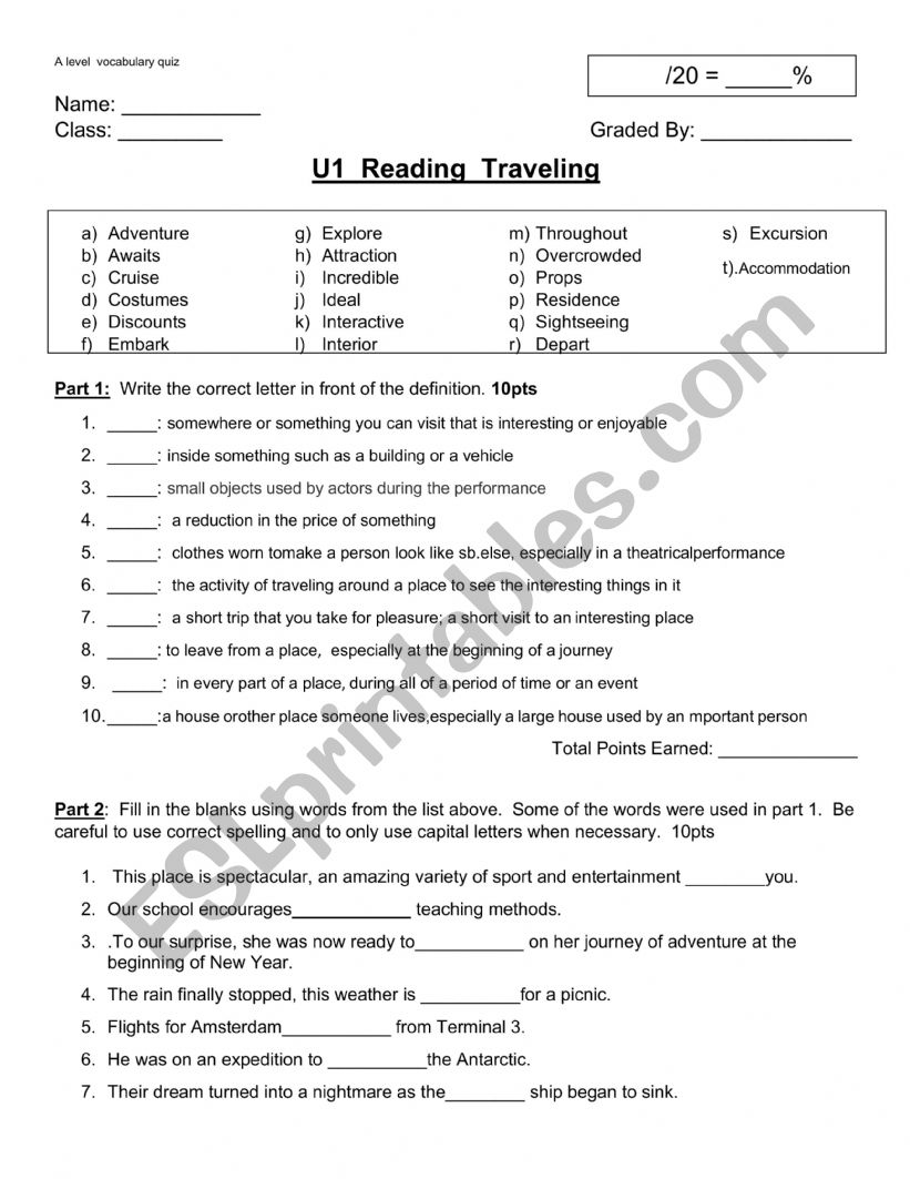 Traveling related vocabulary  worksheet