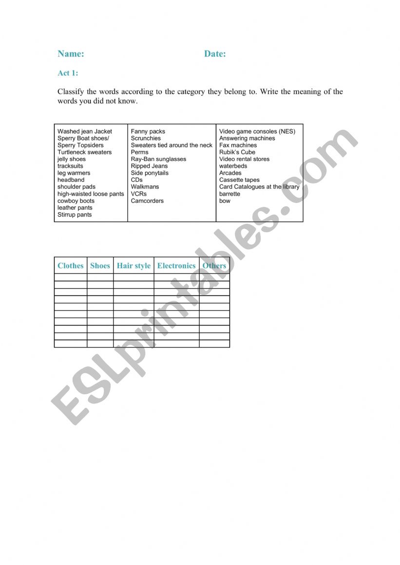 Vocabulary from the 80�s worksheet