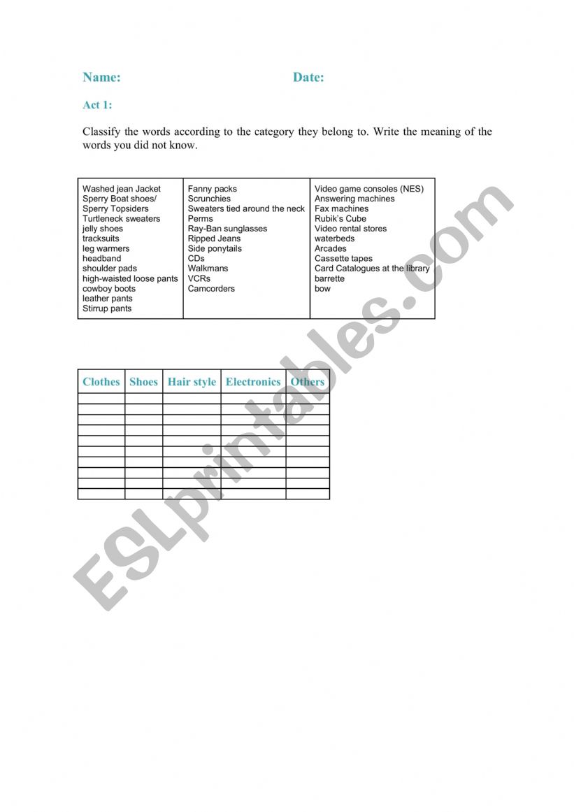 Vocabulary from the 80Ã¯Â¿Â½s worksheet