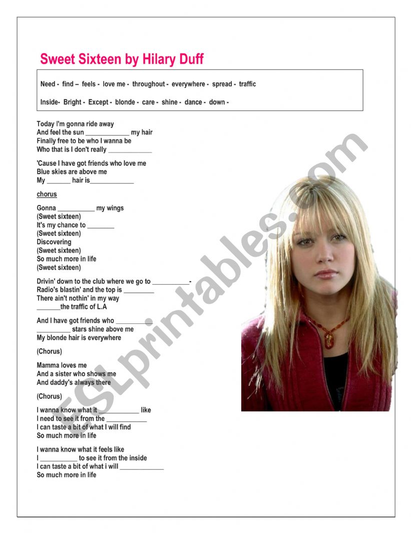 Sweet sixteen by Hillary Duff worksheet