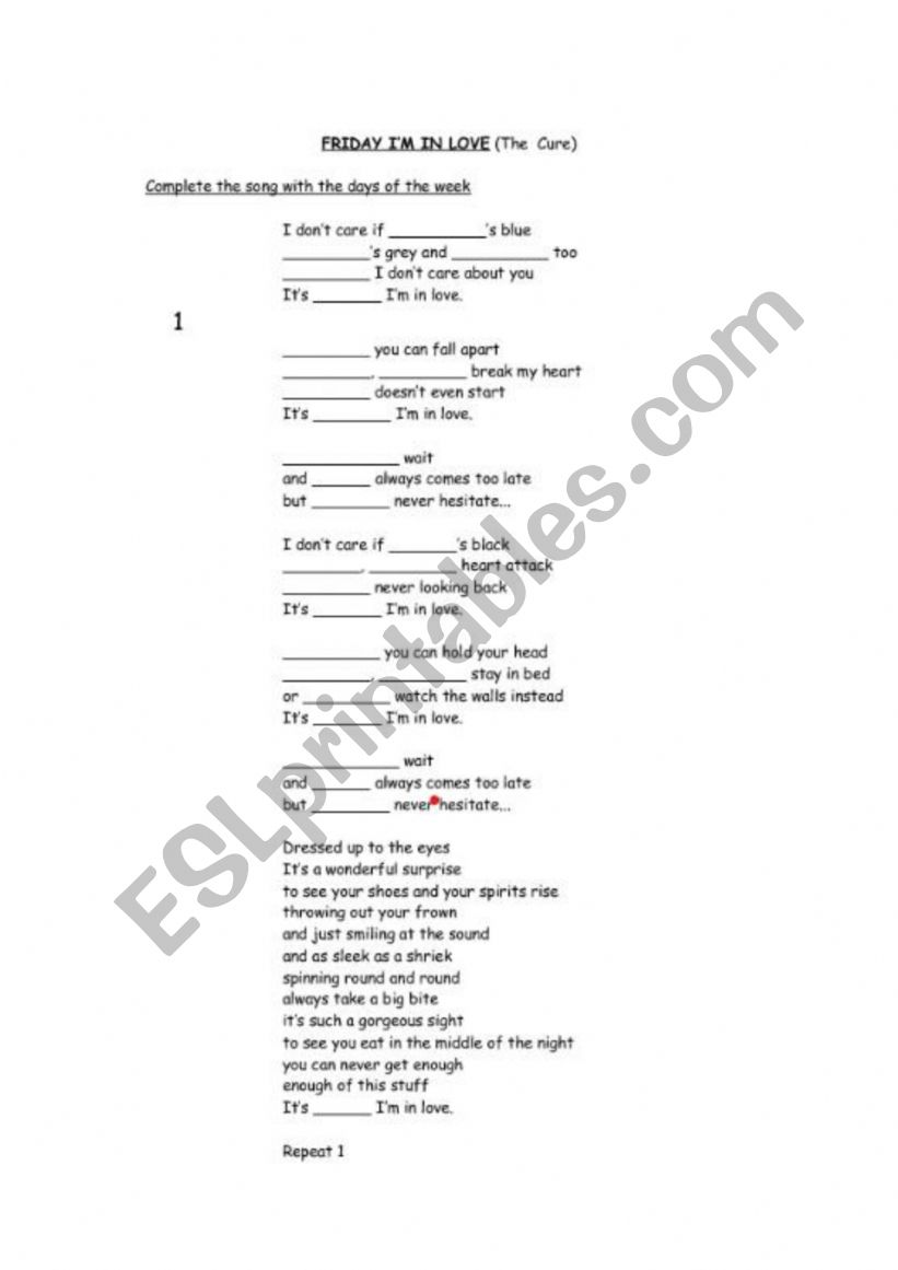 Friday Iï¿½m in love worksheet