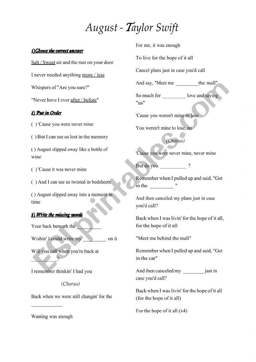 esl song worksheet