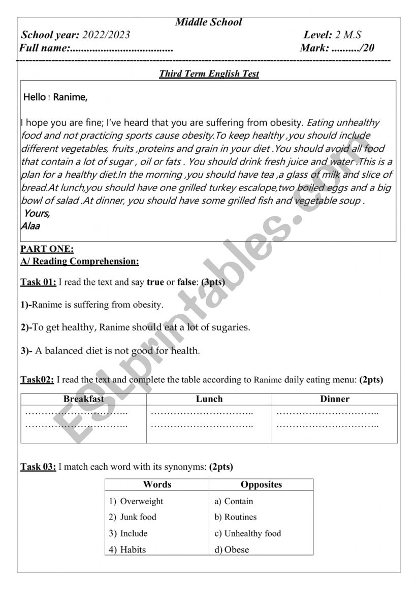 obesity.  worksheet