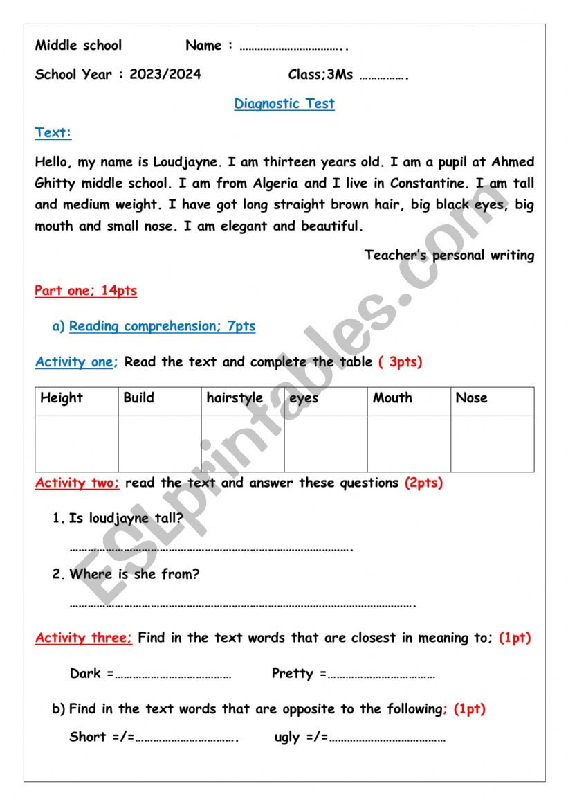 Diagnostic Test  worksheet