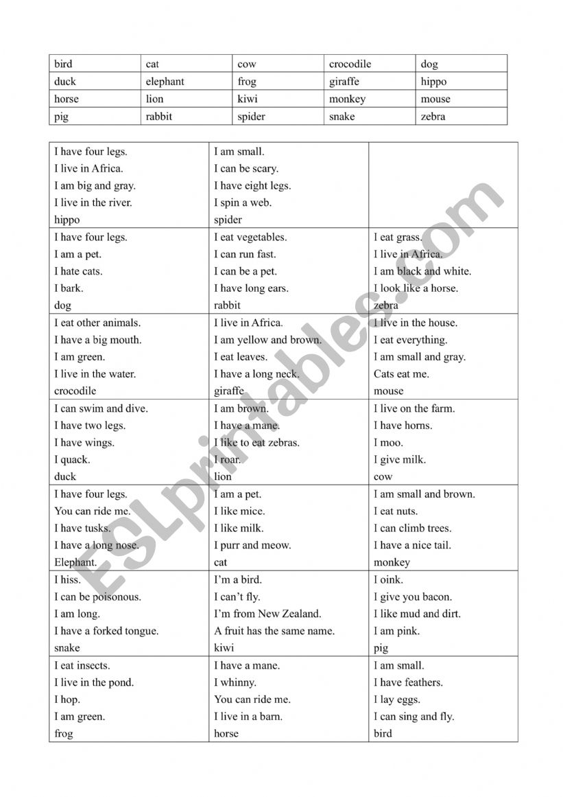 animal riddles worksheet