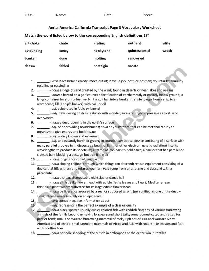 Aerial America California Transcript Page 3 Vocabulary Worksheet