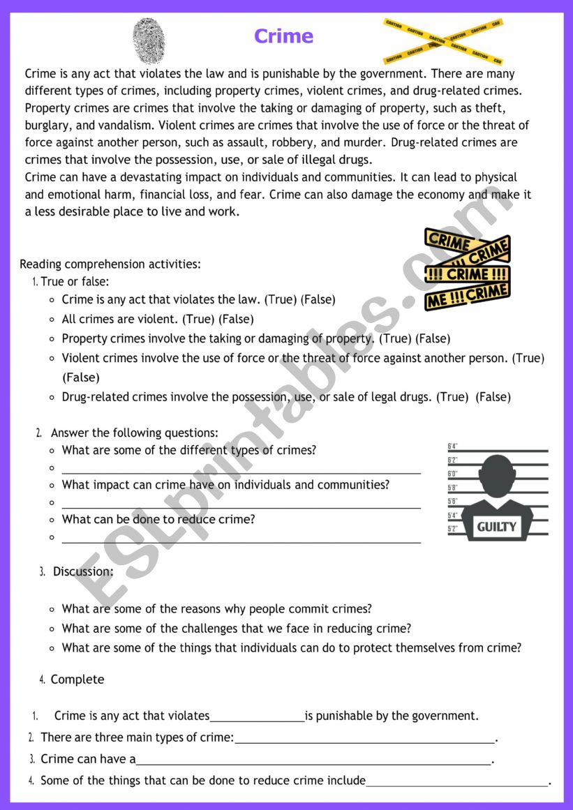 Crime - reading comprehension worksheet