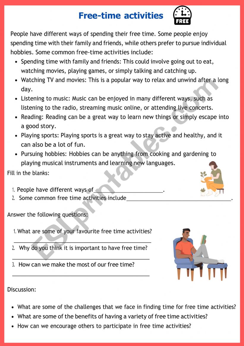 Free time activities worksheet