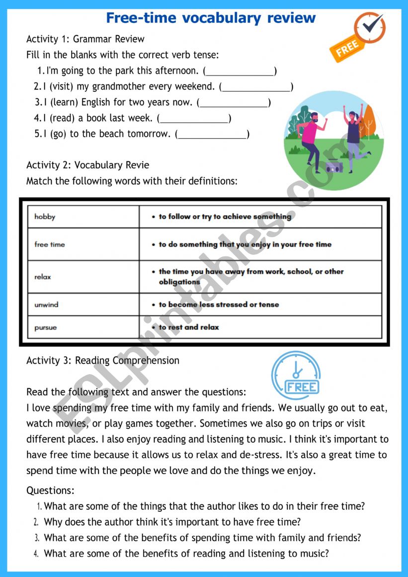 Free time vocabulary review worksheet