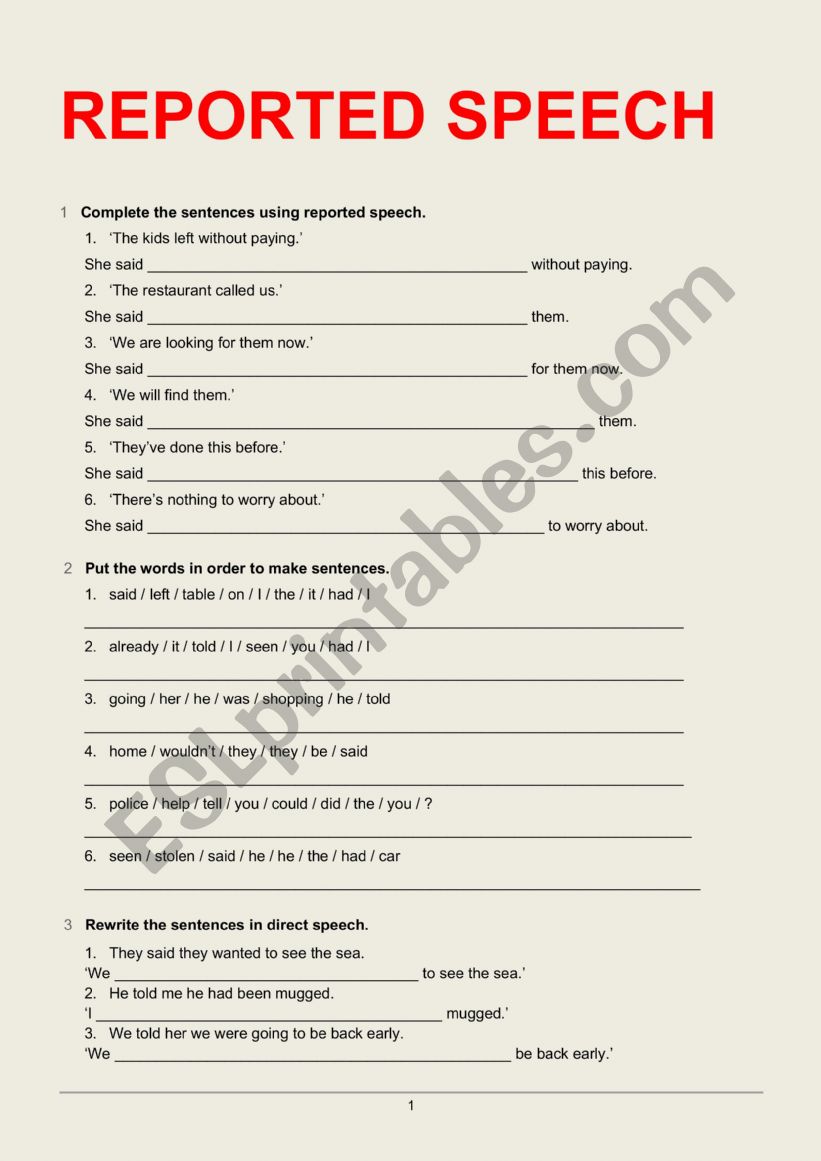 REPORTED SPEECH worksheet