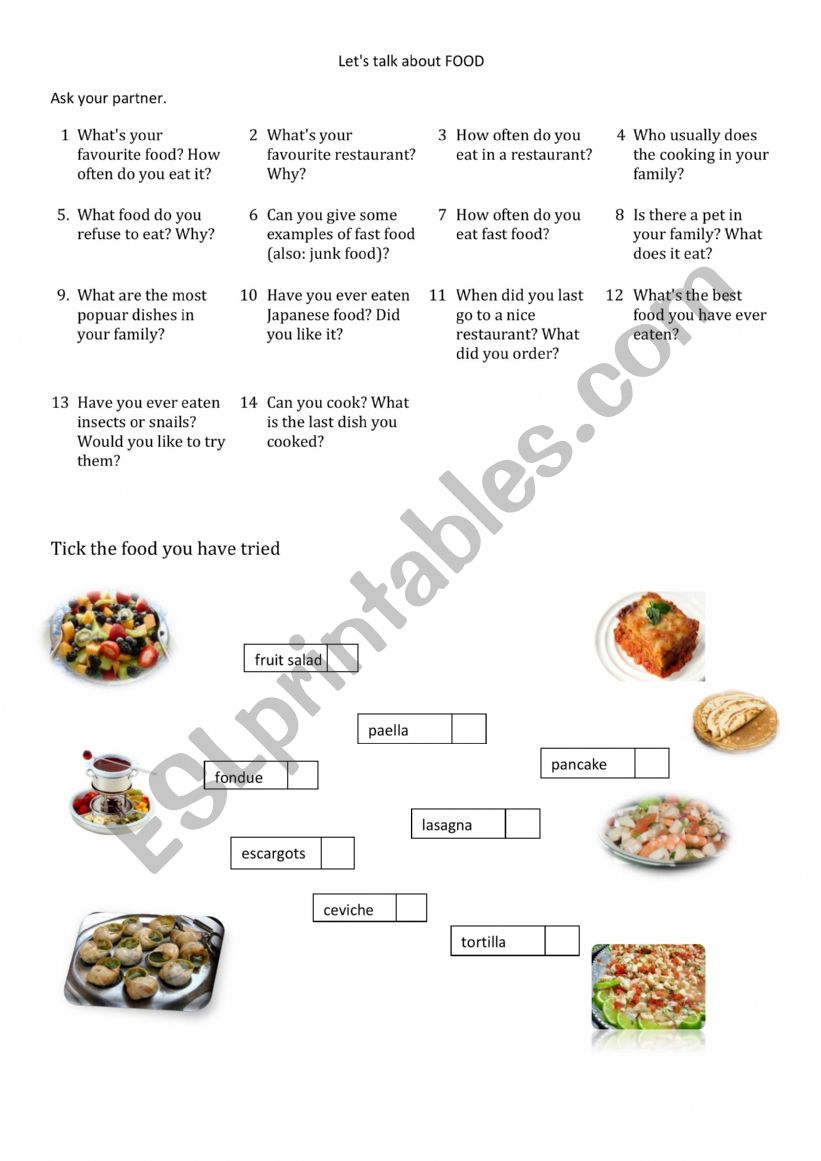 LetÃ¯Â¿Â½s talk about Food worksheet