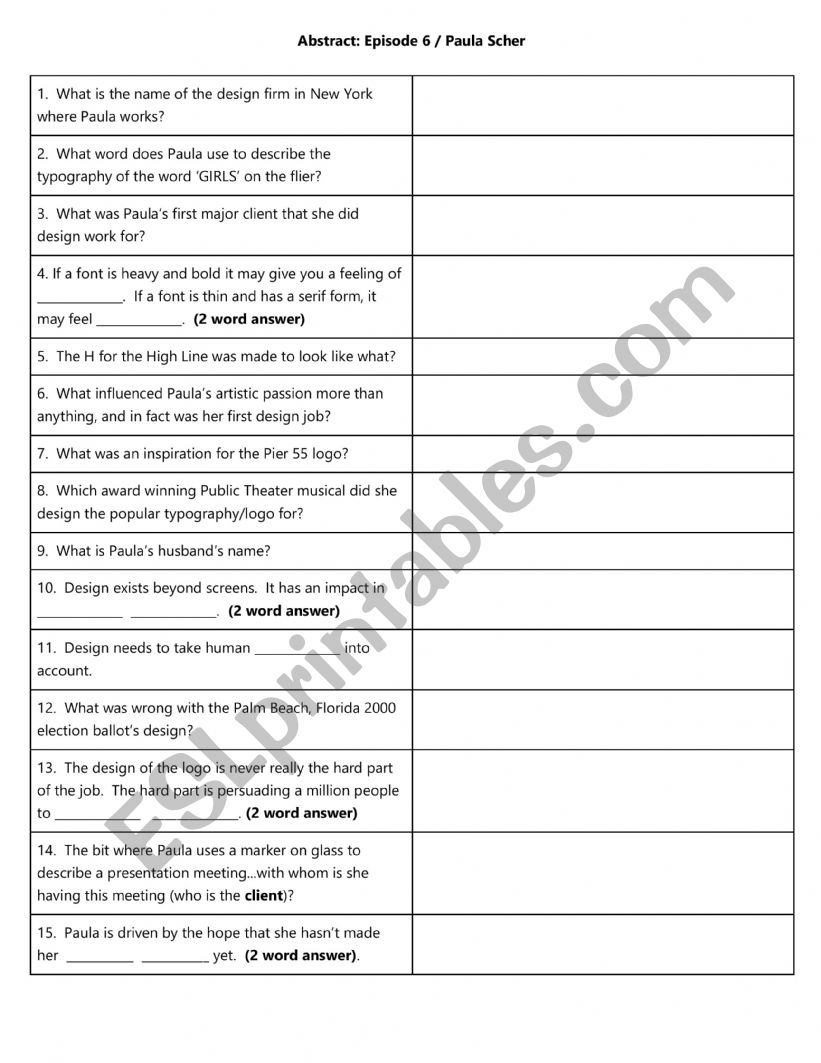 Abstract Episode 6 on Netflix worksheet