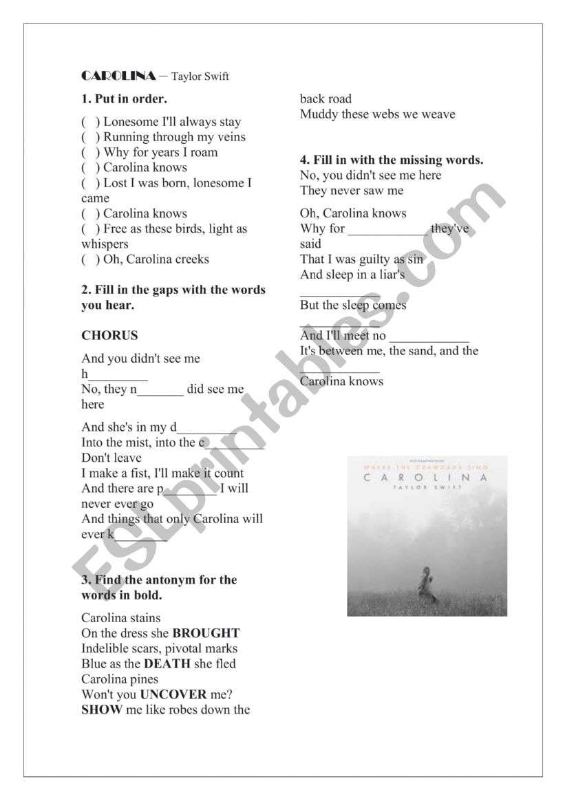 Taylor Swift - Carolina worksheet