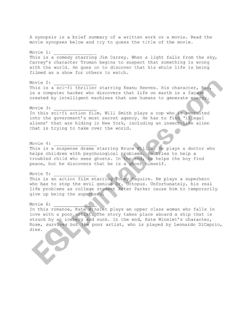 SYNOPSIS worksheet