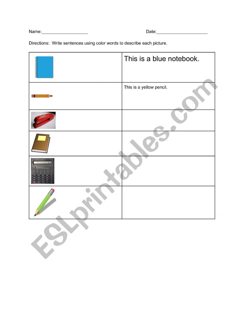 School tools and colors worksheet