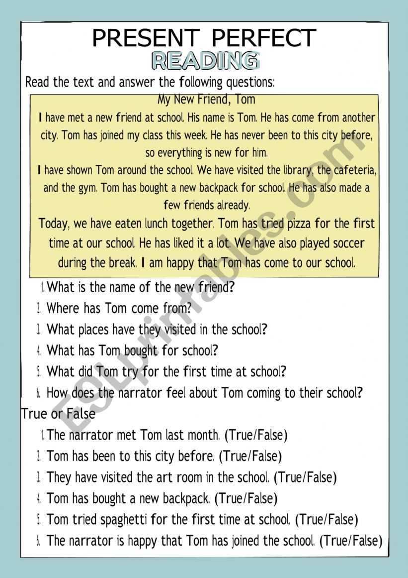 Present perfect reading worksheet