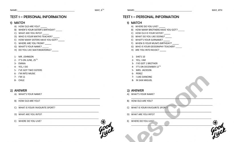 present simple test - personal info