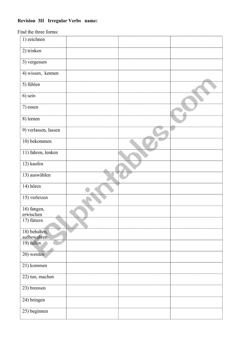 Irregular verbs worksheet