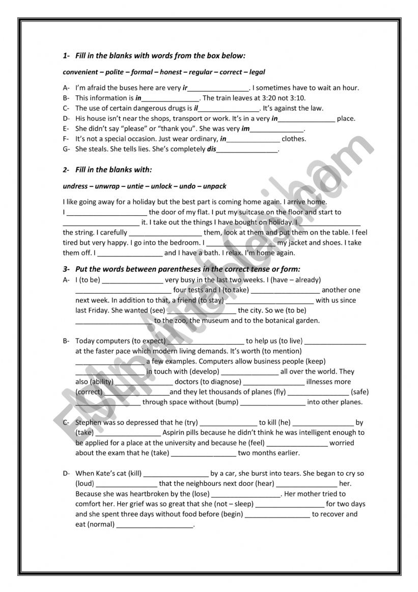 Bac revision worksheet