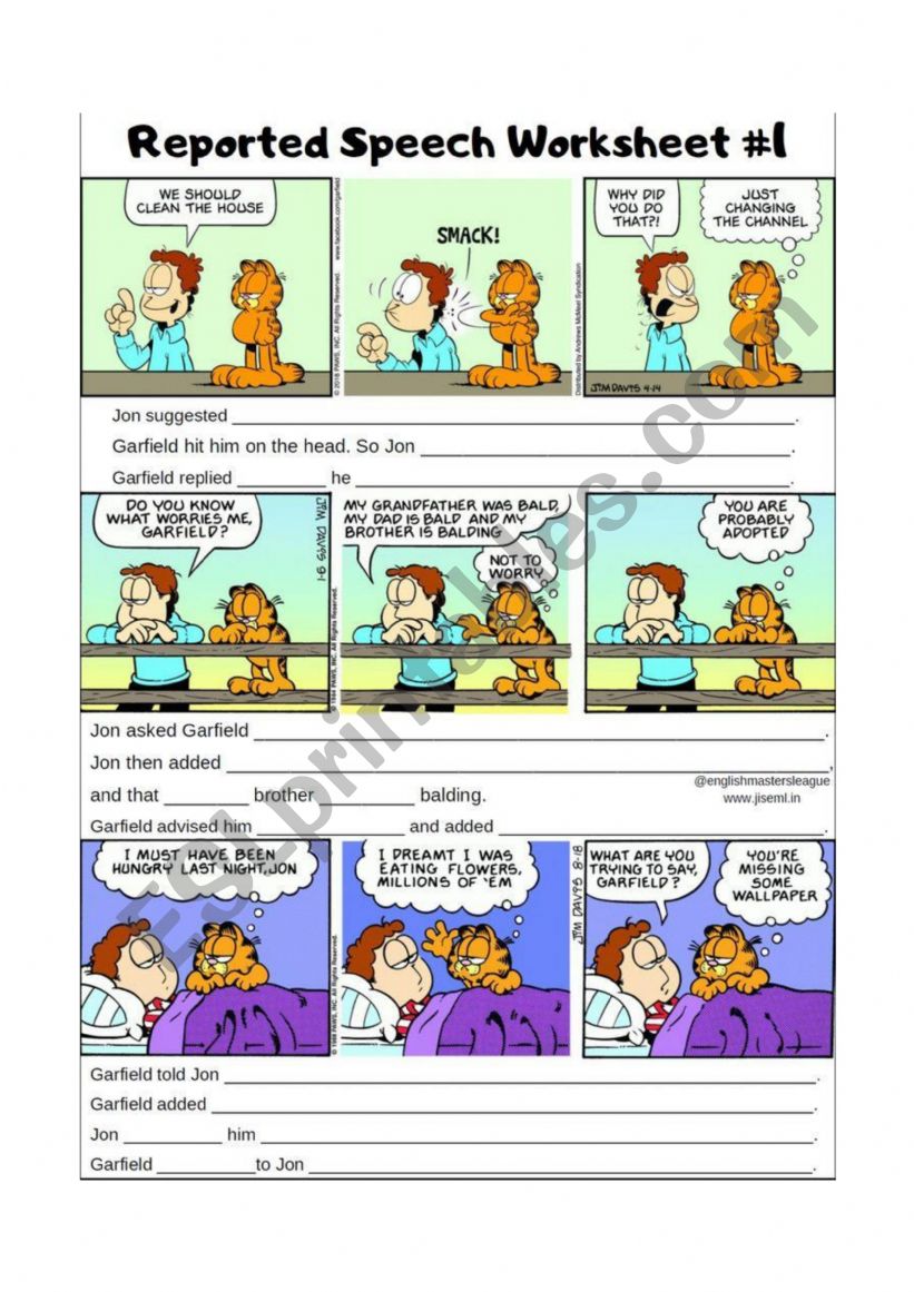 reported speech with Garfield worksheet