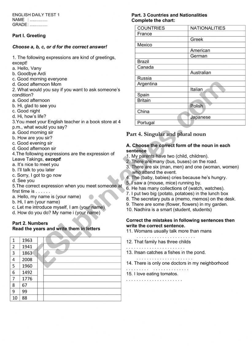 number worksheet