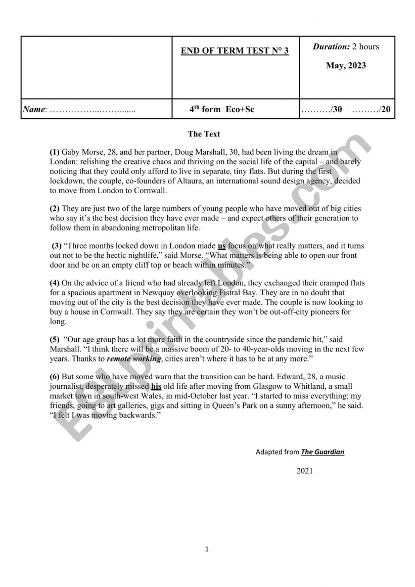 mock bac test  worksheet