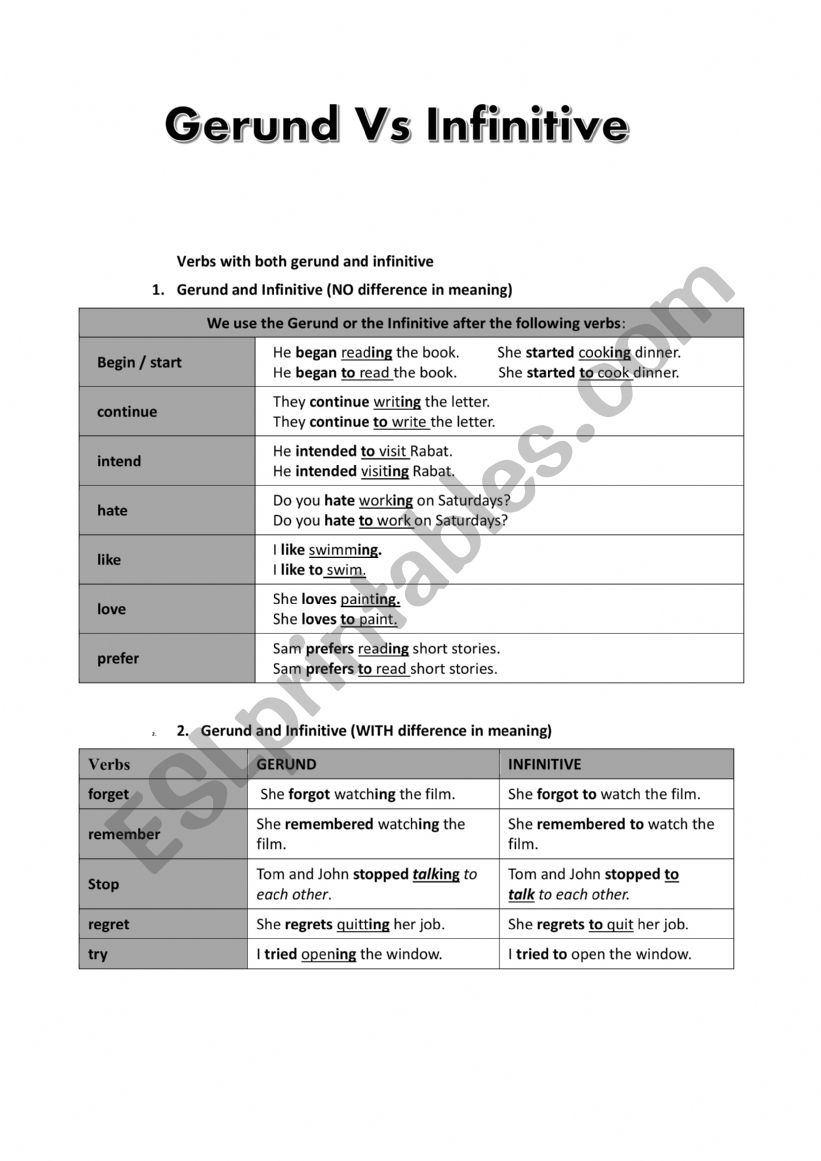 gerund vs infinitive worksheet