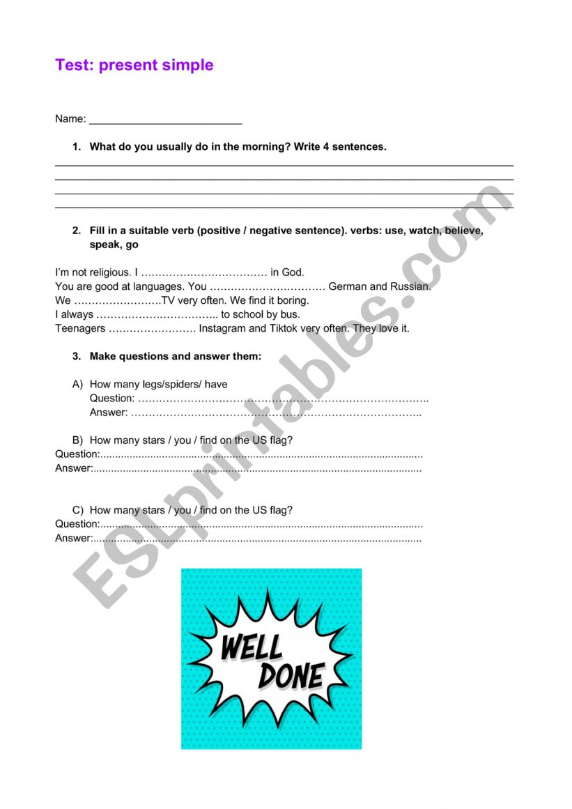 Present simple eorksheet/test worksheet