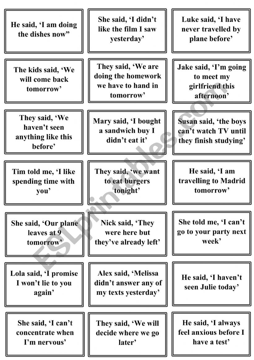 Reported speech speaking cards