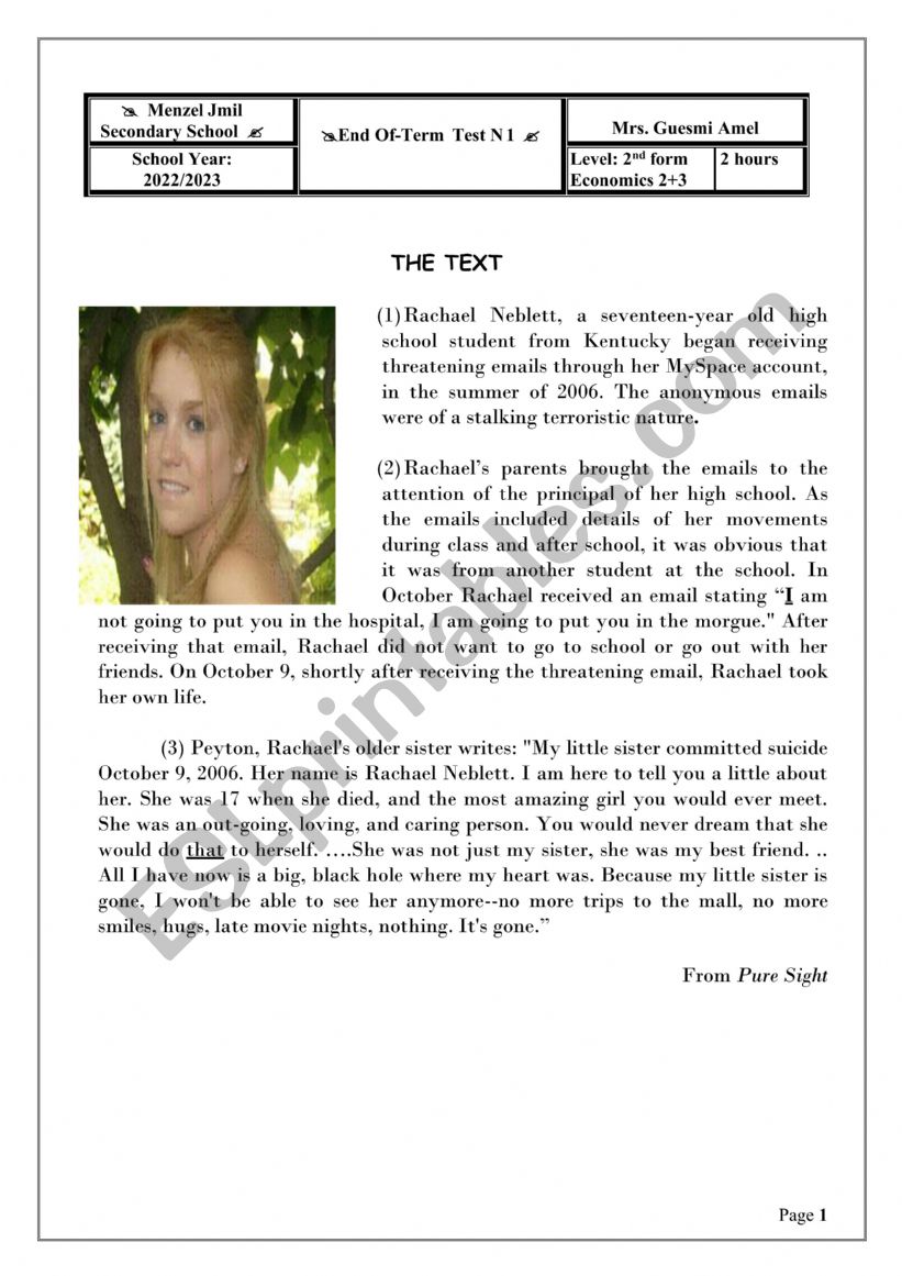 end of term test worksheet