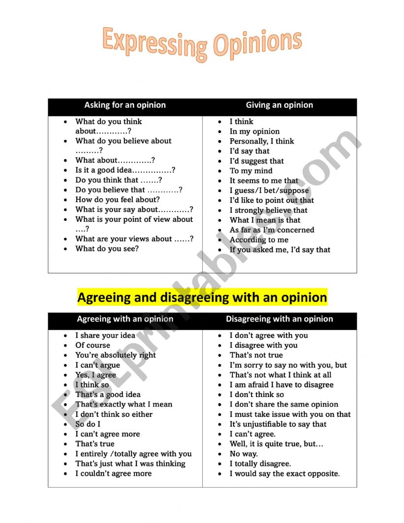 expressing opinions worksheet