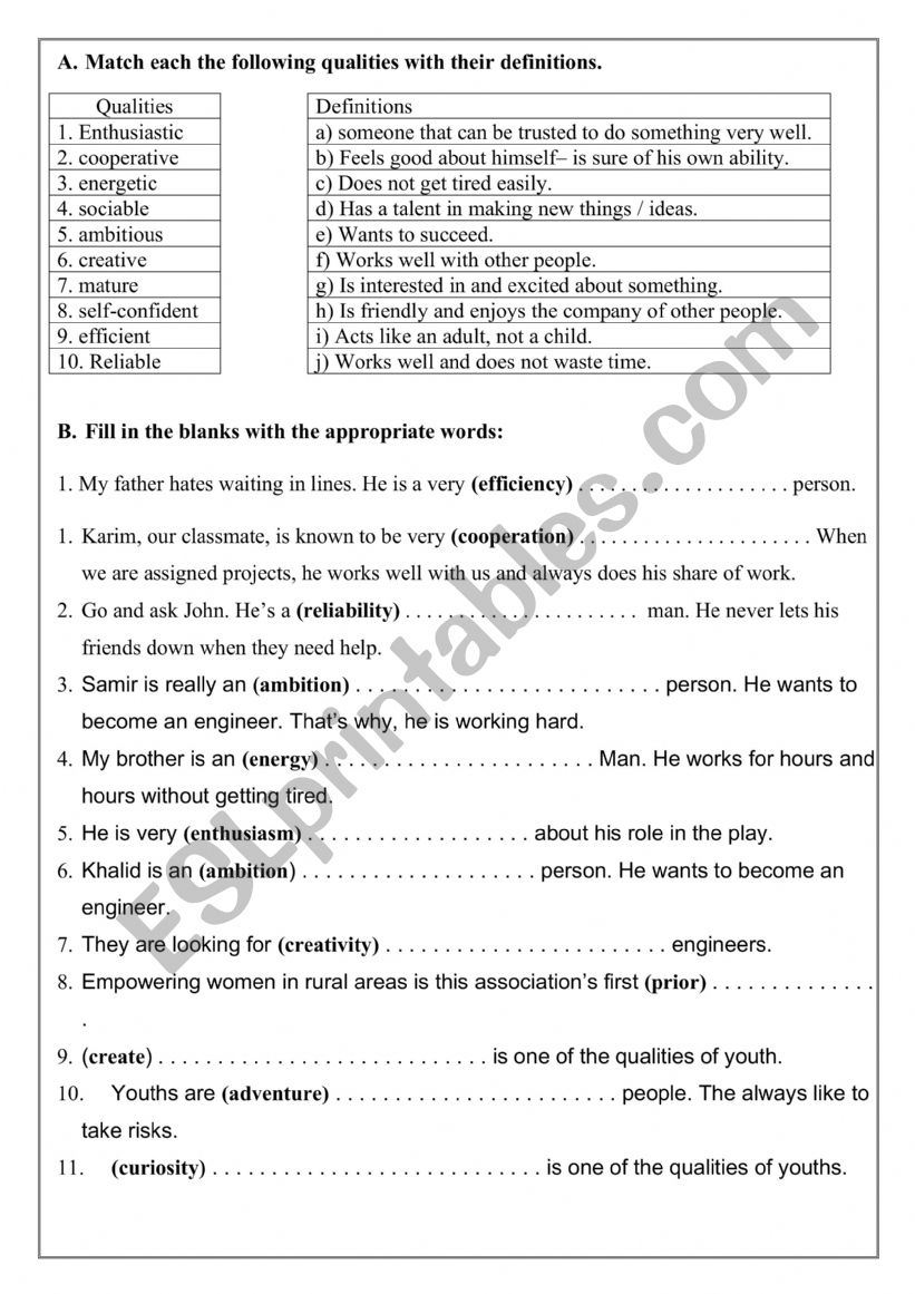 Qualities of youth worksheet