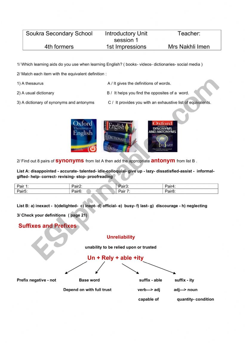 Introductory Unit : 1st impressions session 1 