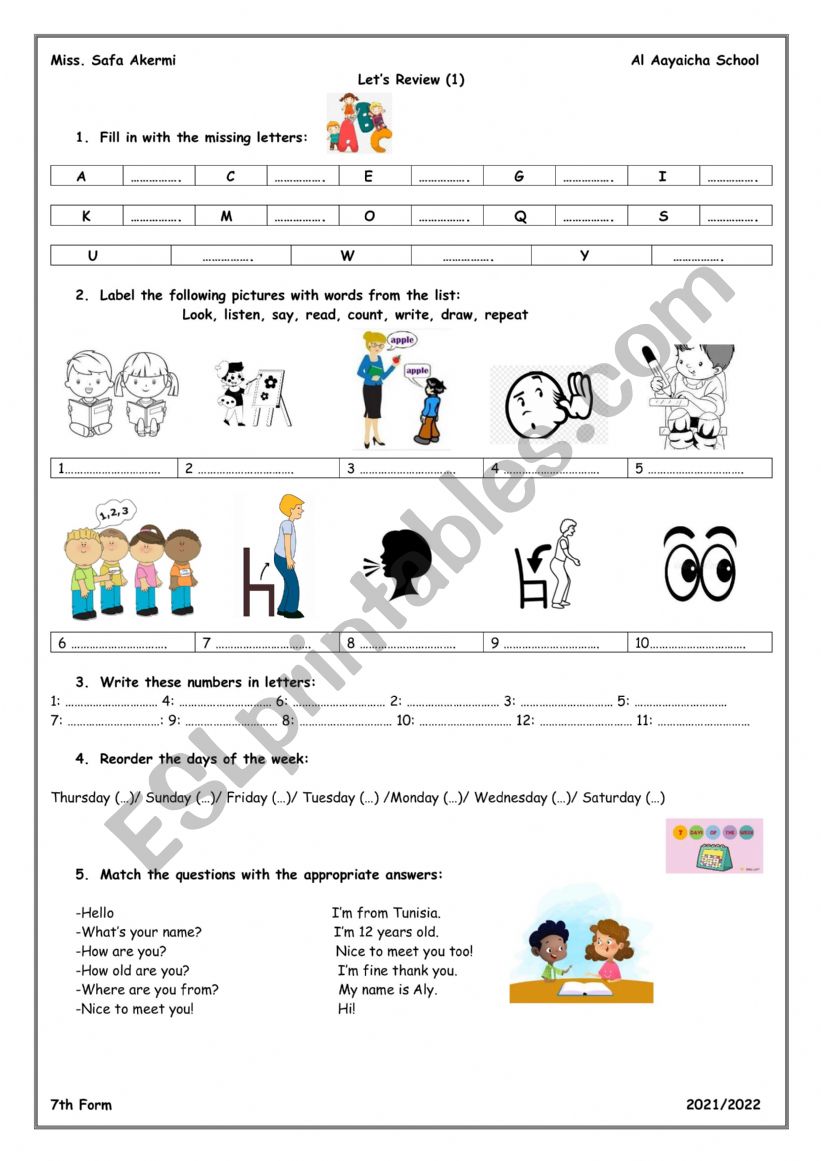 Diagnostic 7th worksheet