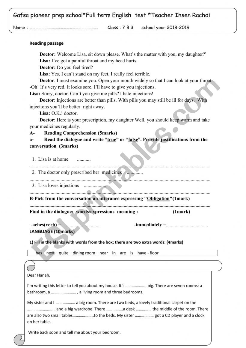 7th form end of term test worksheet