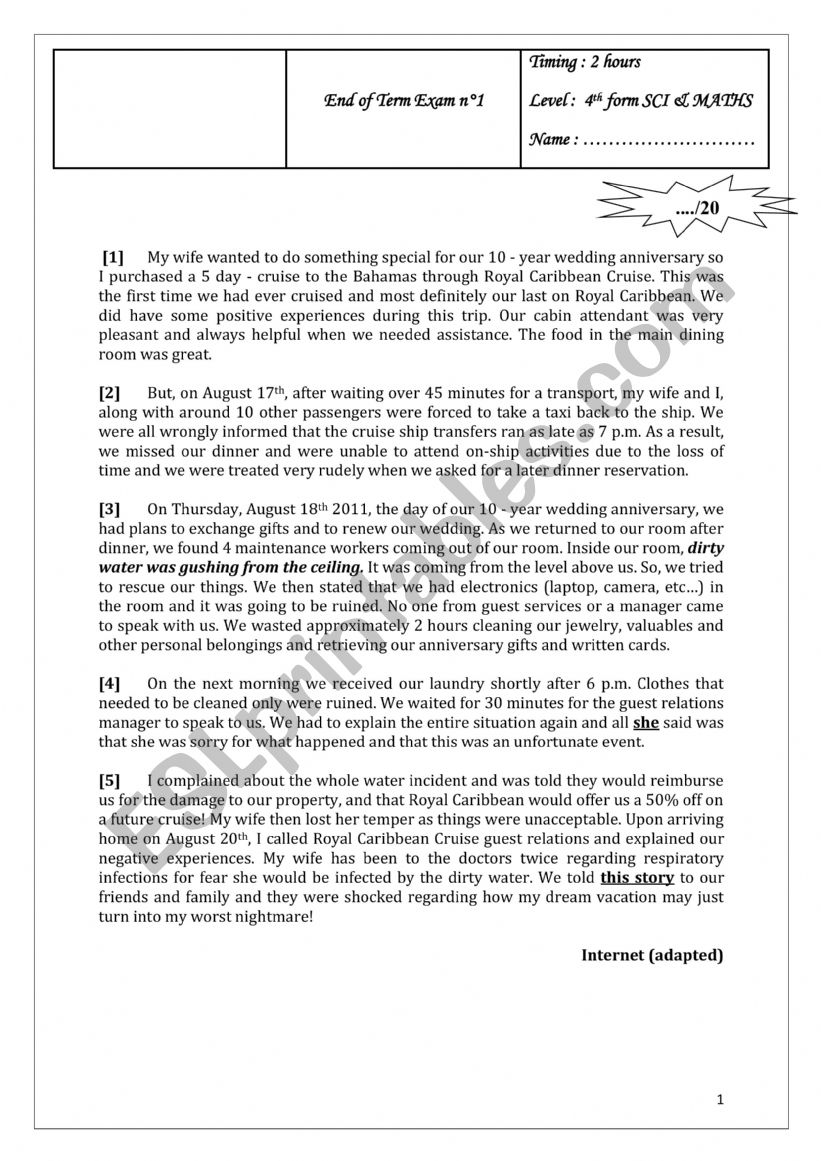 BAC end of term exam n1 worksheet