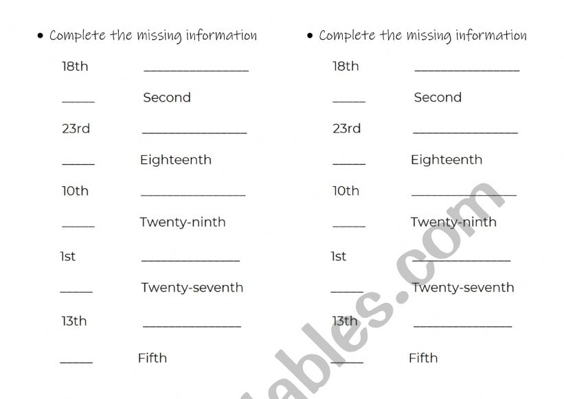 ORDINAL NUMBERS PRACTICE worksheet