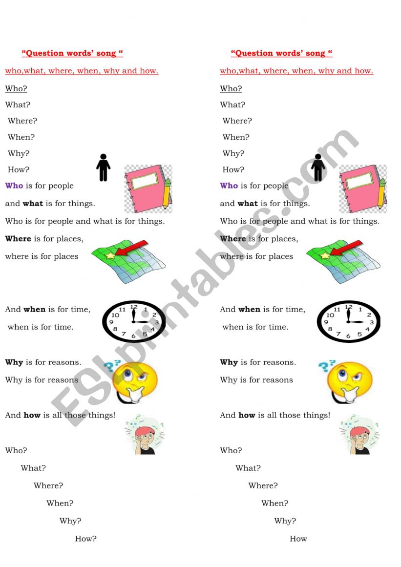 question words�song worksheet