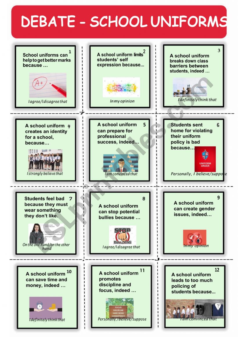 DEBATE - SCHOOL UNIFORMS worksheet
