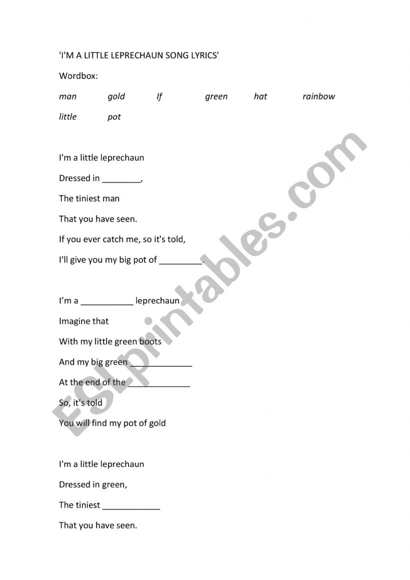 Im a little leprechaun song worksheet