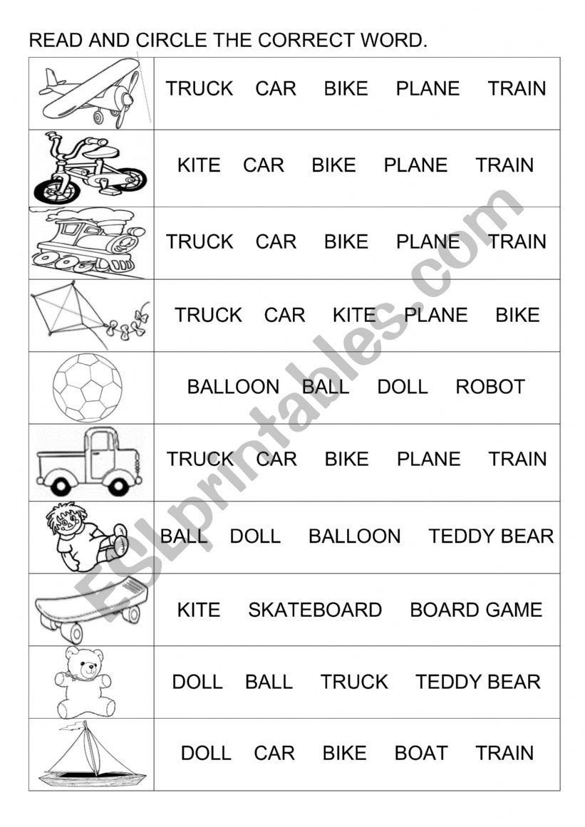 TOYS - READ AND CIRCLE worksheet