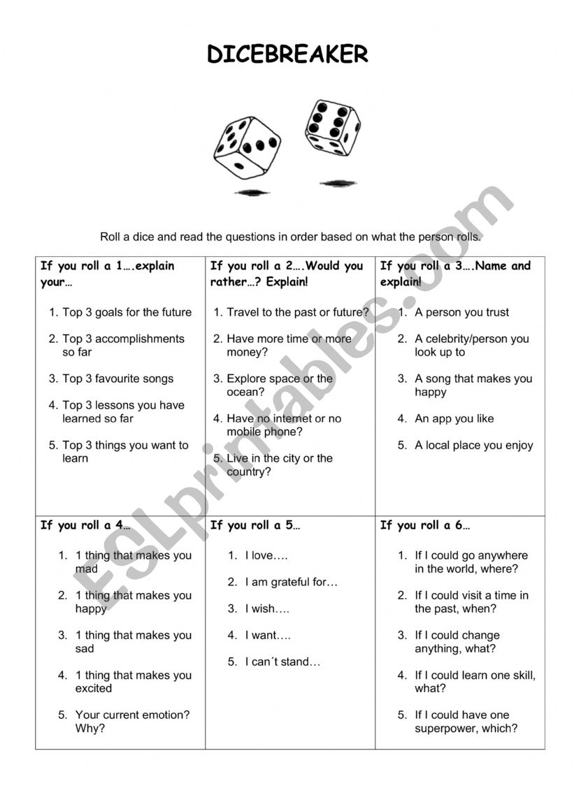 Icebreaker - Dicebreaker worksheet